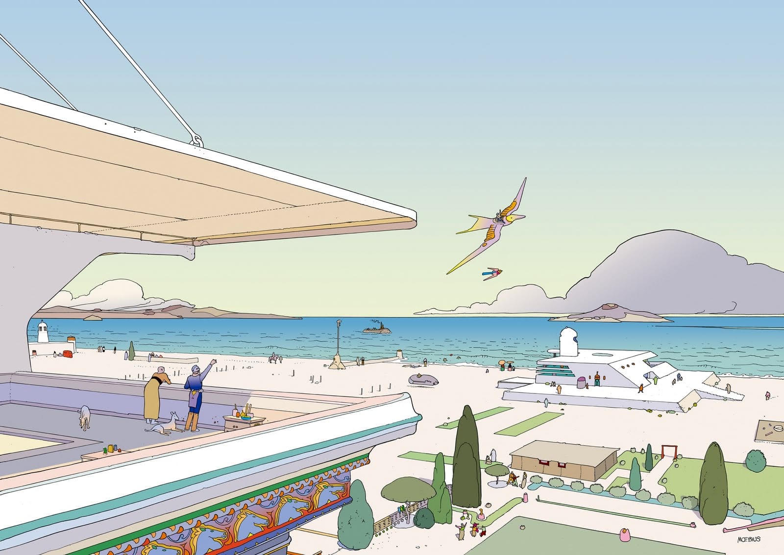 An illustration from Moebius’s The Long Tomorrow: a futuristic beach scene with modernist buildings, clean geometric lines, and people walking along the shoreline. Above, colorful flying creatures soar against a pastel sky. The style features Moebius’s signature thin line work, flat tones, and surreal futurist vibe.