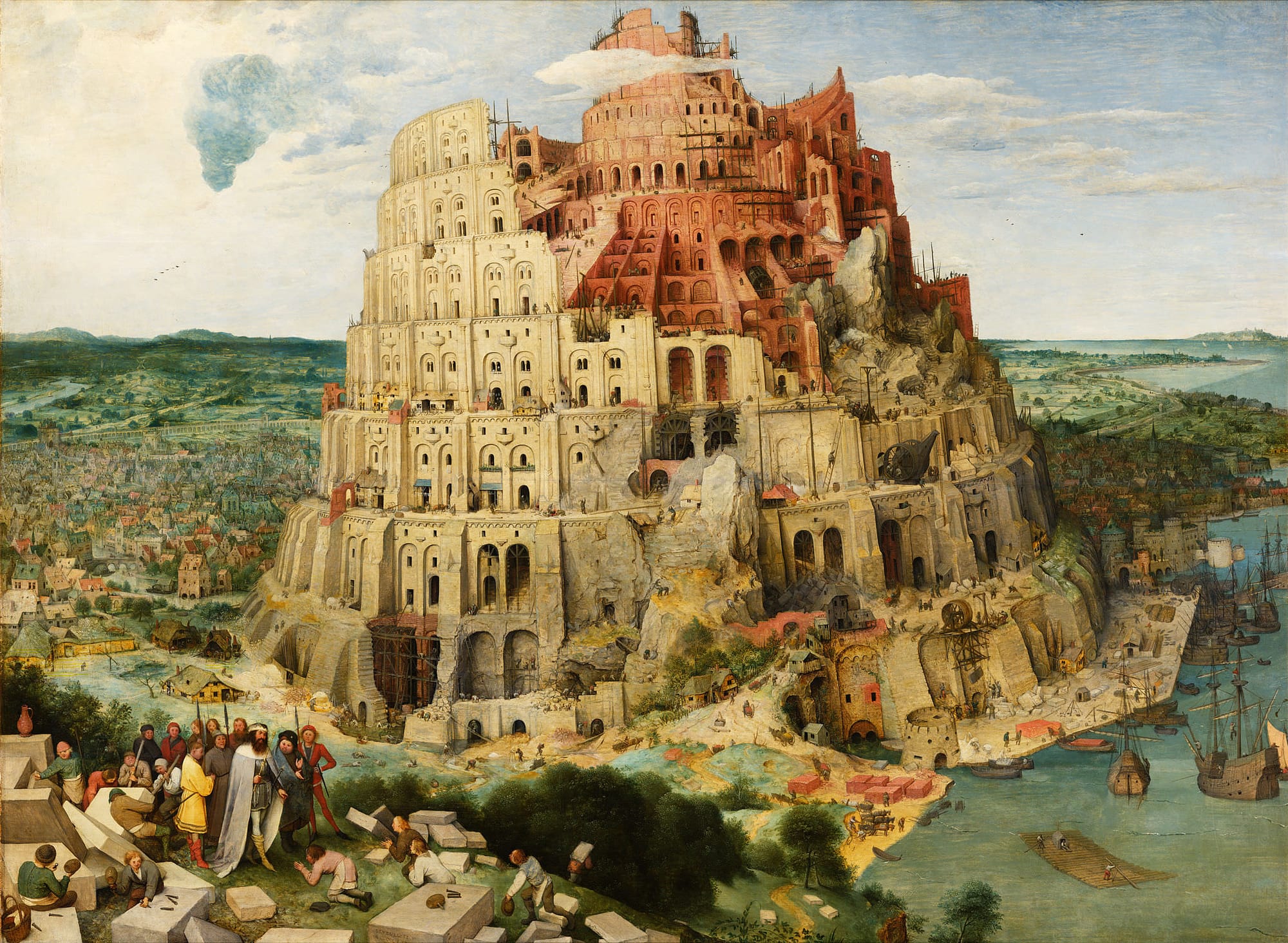 Pieter Bruegel the Elder’s painting “The Tower of Babel” depicts a massive, unfinished tower dominating the landscape. The tower spirals upward with stacked arches, scaffolding, and construction workers at various levels. In the foreground, figures direct the building effort while large stones are being prepared. To the right, a busy harbor with ships connects the structure to the surrounding city and countryside. The work conveys both grandeur and fragility, symbolizing human ambition and hubris. The painting is displayed in the Kunsthistorisches Museum, Vienna.