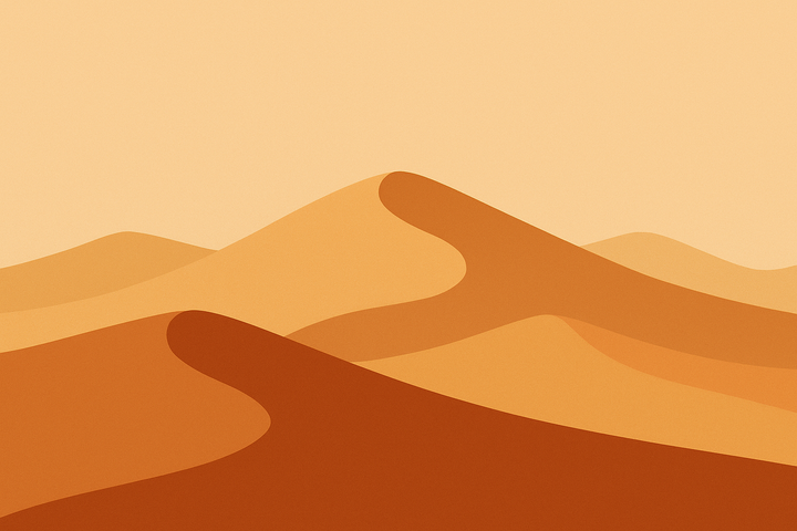 A minimalist geometric desert landscape in retro-futurist style. Abstract dunes stretch across the horizon, evoking shifting sands.