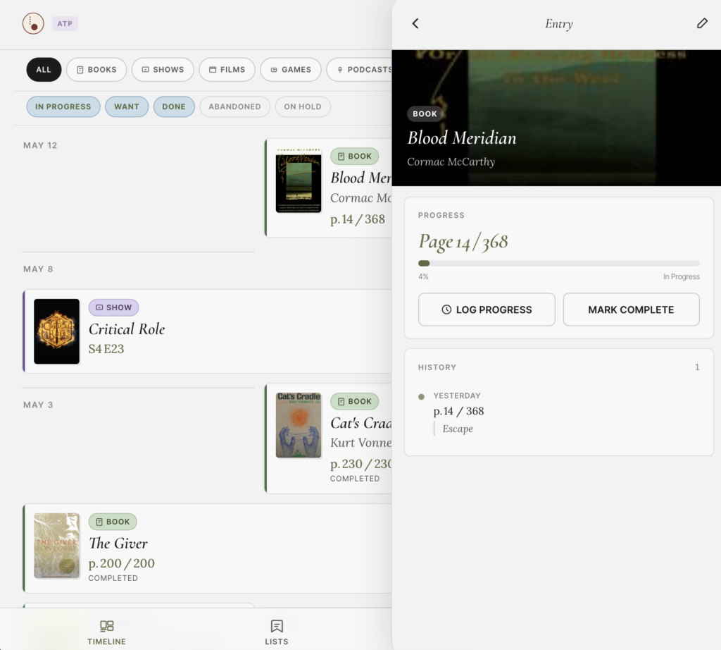 A screenshot of the Breadcrumbs app showing a timeline of media and a modal that shows progress